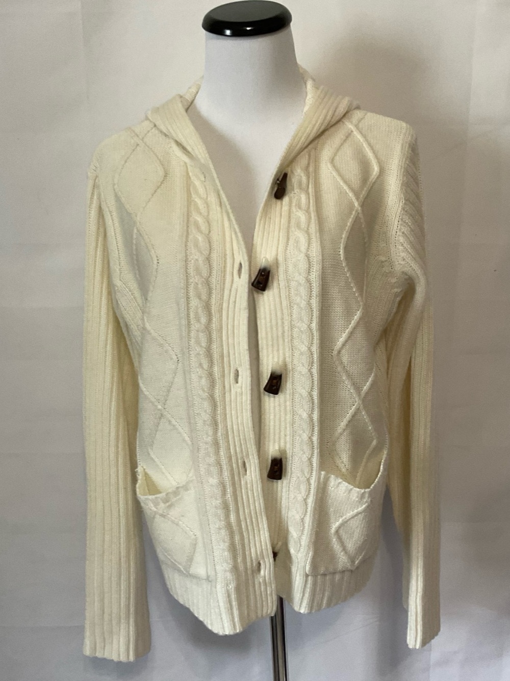 Karen Scott Hooded Cable Knit Cardigan in Cream/Off White Size Large